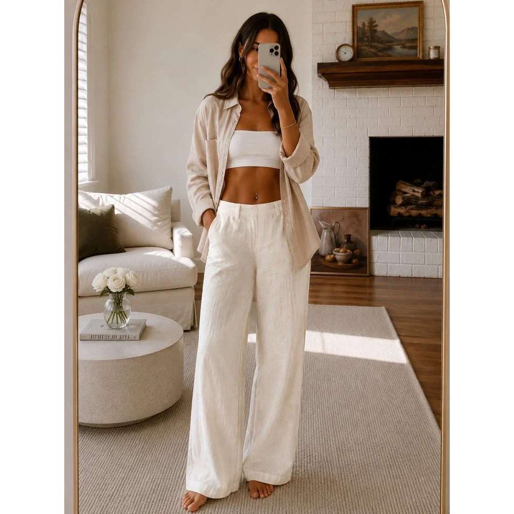 Banana Republic Everyday Wide-Leg Linen Pant Natural Size Medium